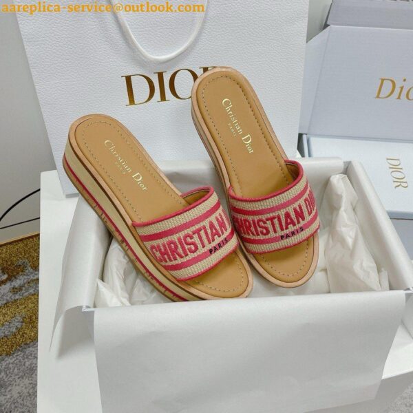 Replica Dior Dioriviera Dway Platform Slides in Raffia and Pink Embroidered Cotton 12