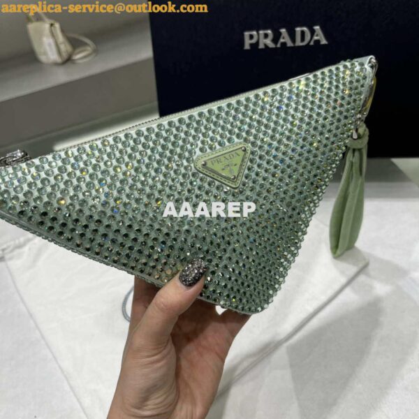 Replica Prada 1NE039 Crystal-studded satin pouch Green 3