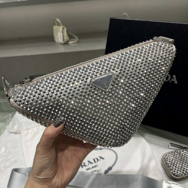 Replica Prada 1NE190 Crystal-studded satin pouch Gray 3