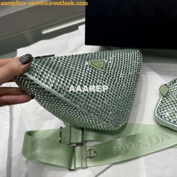 Replica Prada 1NE190 Crystal-studded satin pouch Green 4