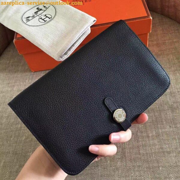 Replica Hermes Dogon Duo Wallet in Black Clemence Leather