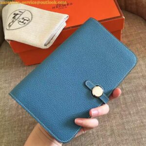 Replica Hermes Dogon Duo Wallet in Blue Jean Clemence Leather