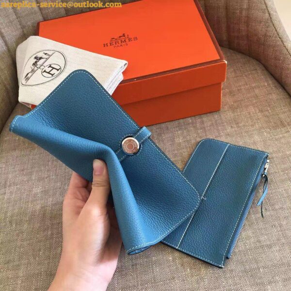 Replica Hermes Dogon Duo Wallet in Blue Jean Clemence Leather 9