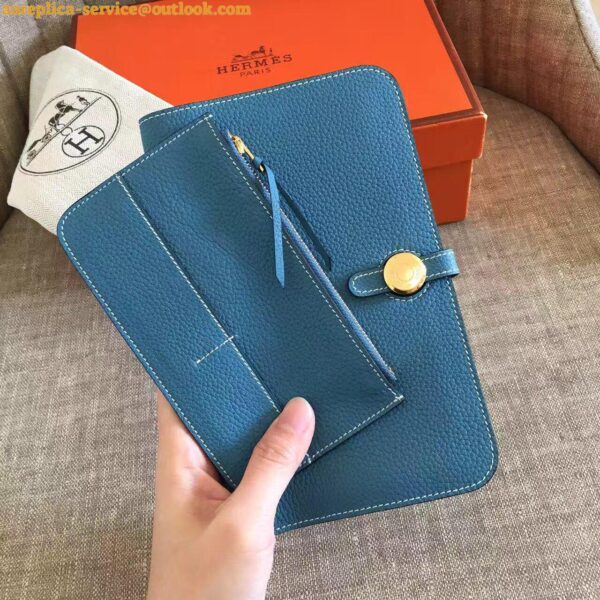 Replica Hermes Dogon Duo Wallet in Blue Jean Clemence Leather 10