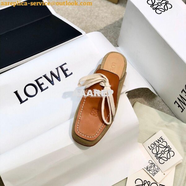 Replica Loewe Lace Up Mule In Suede And Calfskin L815379 Camel 4