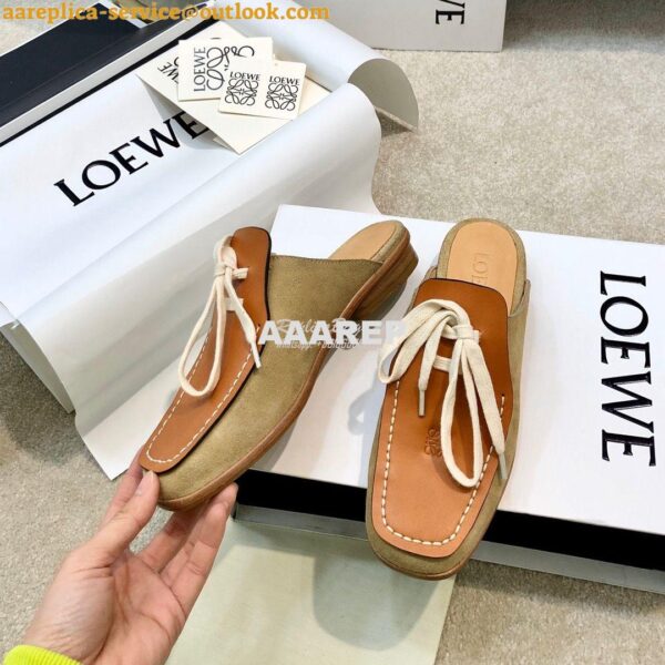 Replica Loewe Lace Up Mule In Suede And Calfskin L815379 Camel 6