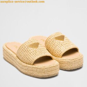 Replica Prada Crochet Flatform Slides in Beige Raffia-effect Yarn