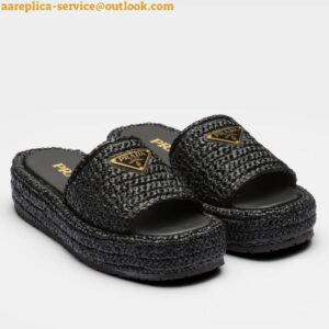 Replica Prada Crochet Flatform Slides in Black Raffia-effect Yarn 2