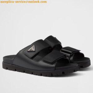 Replica Prada Women's Strap Slides Sandals in Black Calfskin