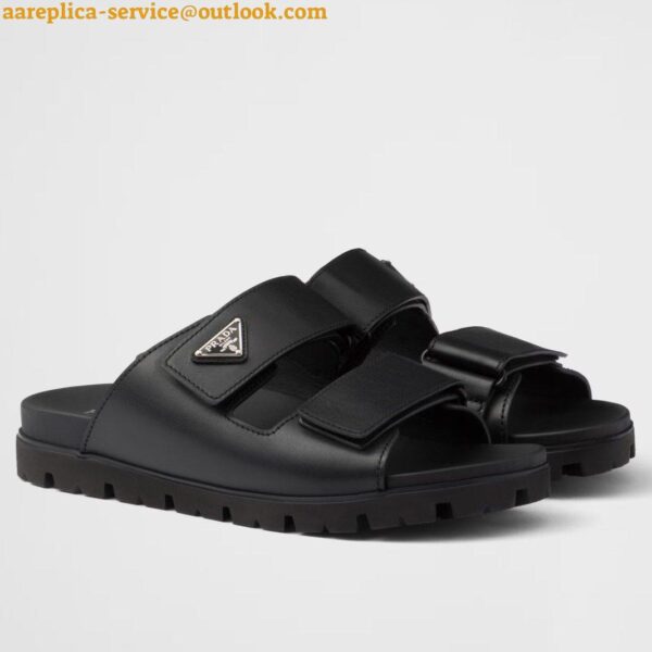 Replica Prada Women's Strap Slides Sandals in Black Calfskin