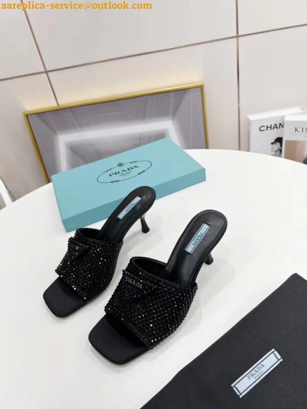 Replica Prada Black Satin Heeled Sandals with Crystals 8