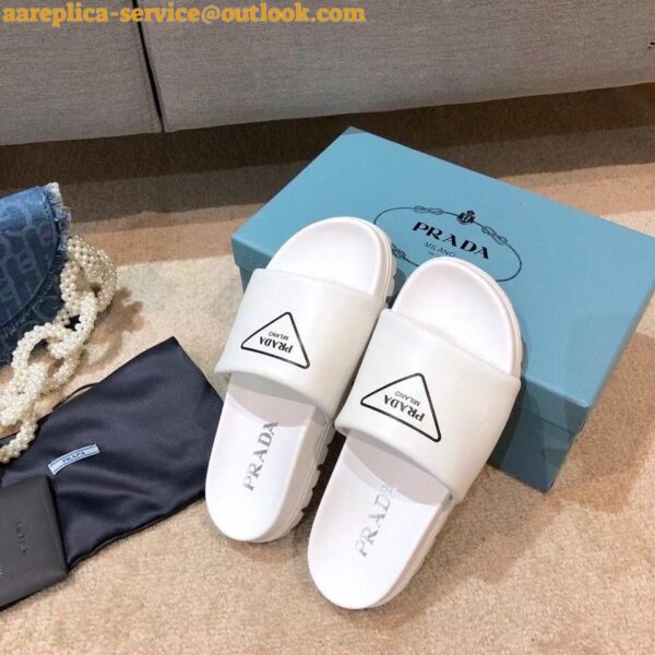 Replica Prada White Leather Slides with Printed Triangle Logo 5