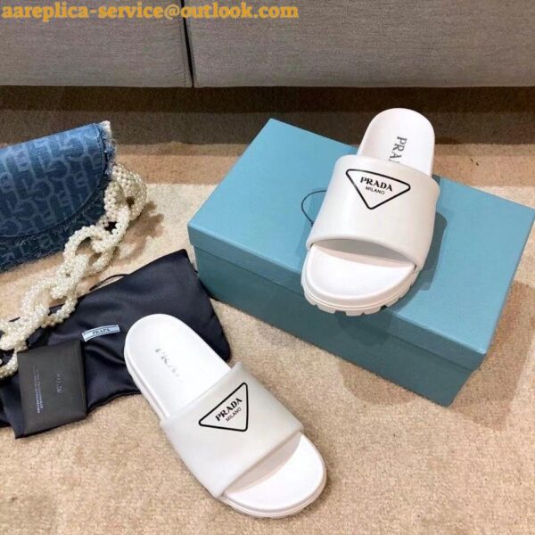 Replica Prada White Leather Slides with Printed Triangle Logo 5