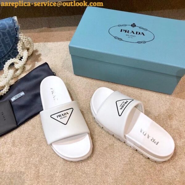 Replica Prada White Leather Slides with Printed Triangle Logo 10