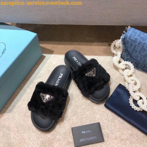 Replica Prada Women's Slides In Black Shearling 7