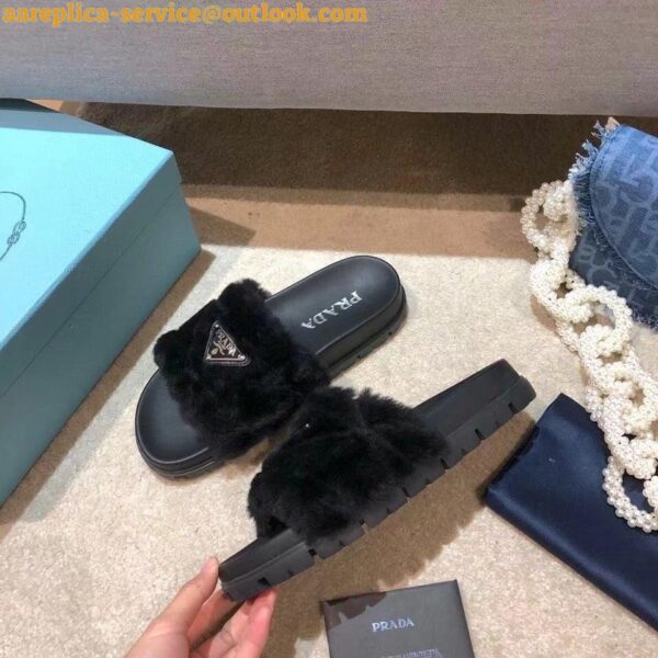 Replica Prada Women's Slides In Black Shearling 8