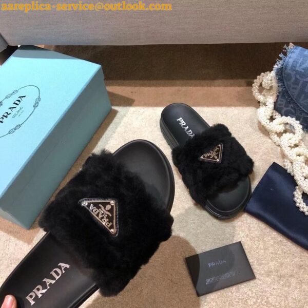 Replica Prada Women's Slides In Black Shearling 9