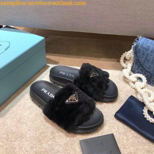 Replica Prada Women's Slides In Black Shearling 10