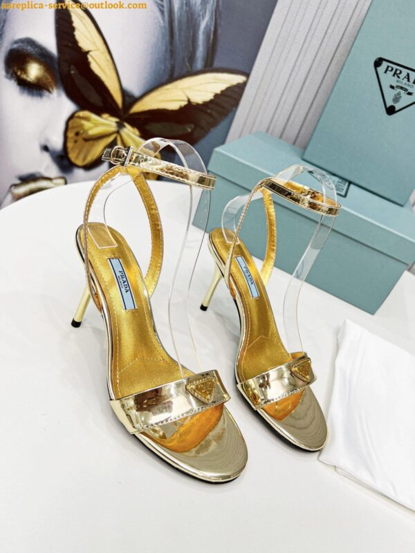 Replica Prada Heel Sandals 85mm In Gold Metallic Leather 5