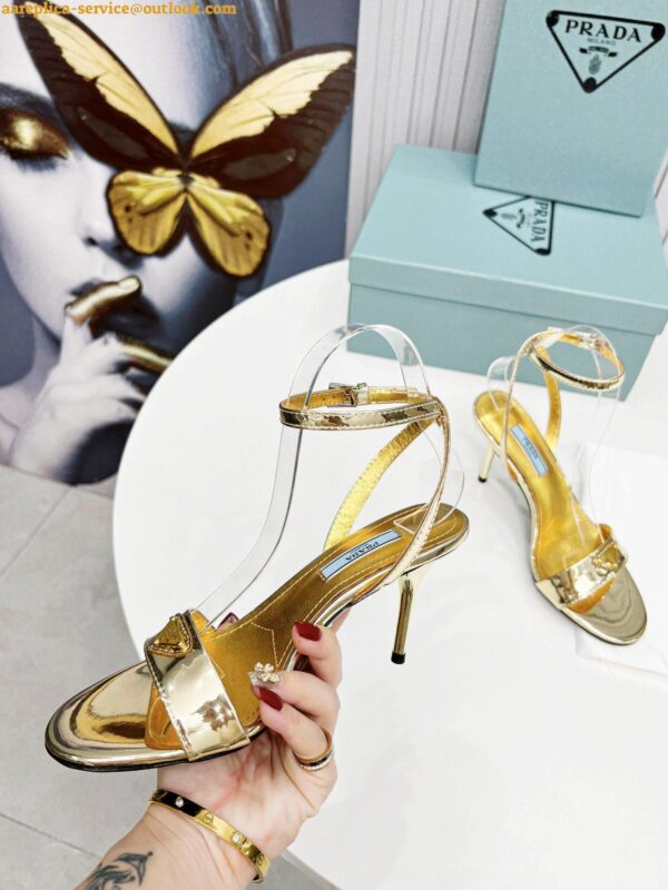 Replica Prada Heel Sandals 85mm In Gold Metallic Leather 7