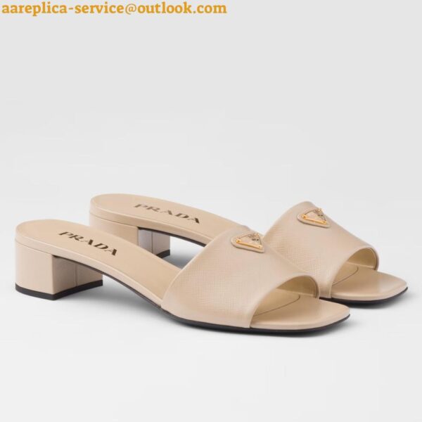 Replica Prada Heeled Sandals 35mm in Beige Saffiano Leather 3