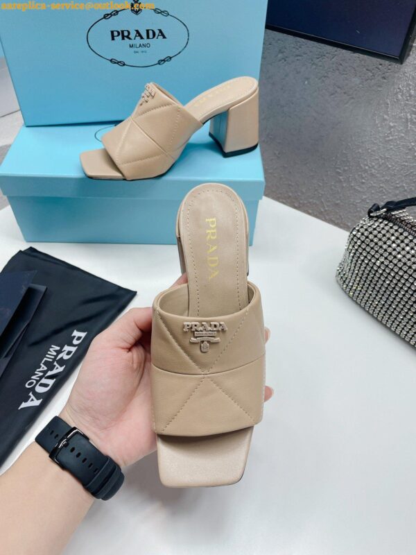 Replica Prada Heeled Slide Sandals 65mm In Beige Nappa Leather 5