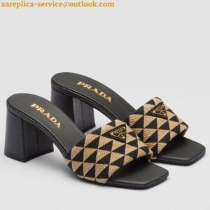 Replica Prada Heeled Slide Sandals 65mm in Black and Beige Fabric