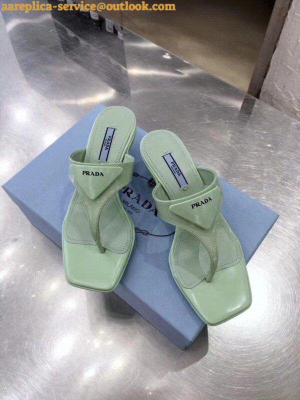 Replica Prada Heeled Thong Sandals In Aqua Brushed Leather 5