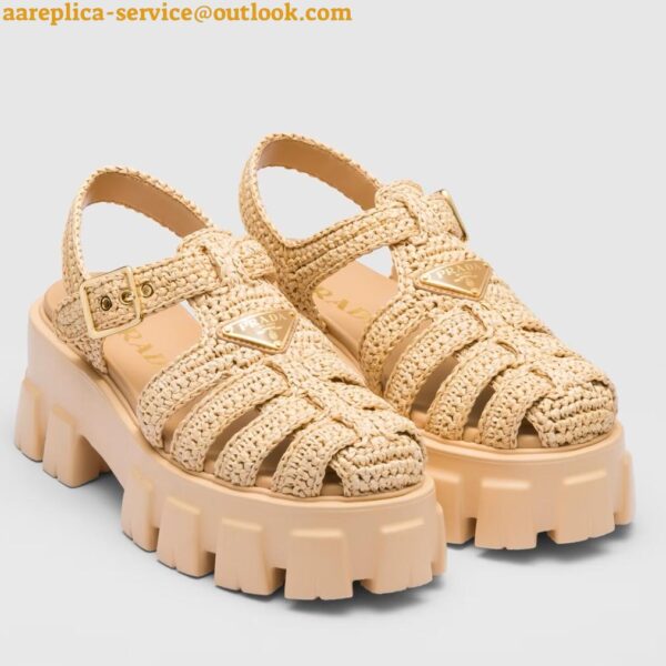 Replica Prada Monolith Crochet Cage Sandals in Beige Raffia Fabric 3