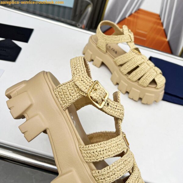 Replica Prada Monolith Crochet Cage Sandals in Beige Raffia Fabric 8