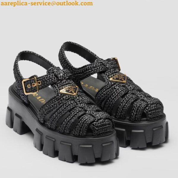 Replica Prada Monolith Crochet Cage Sandals in Black Raffia Fabric 9