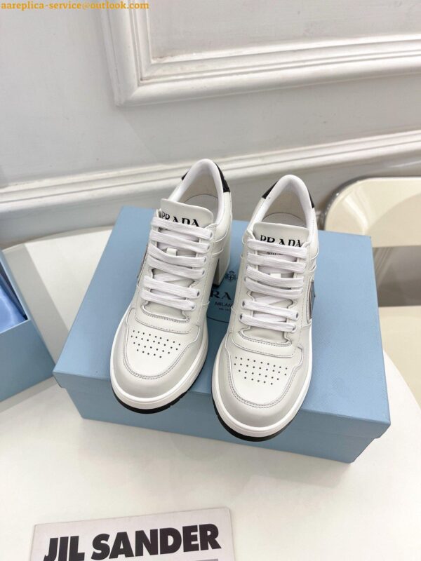 Replica Prada Downtown High-heeled Sneakers In White Leather 5