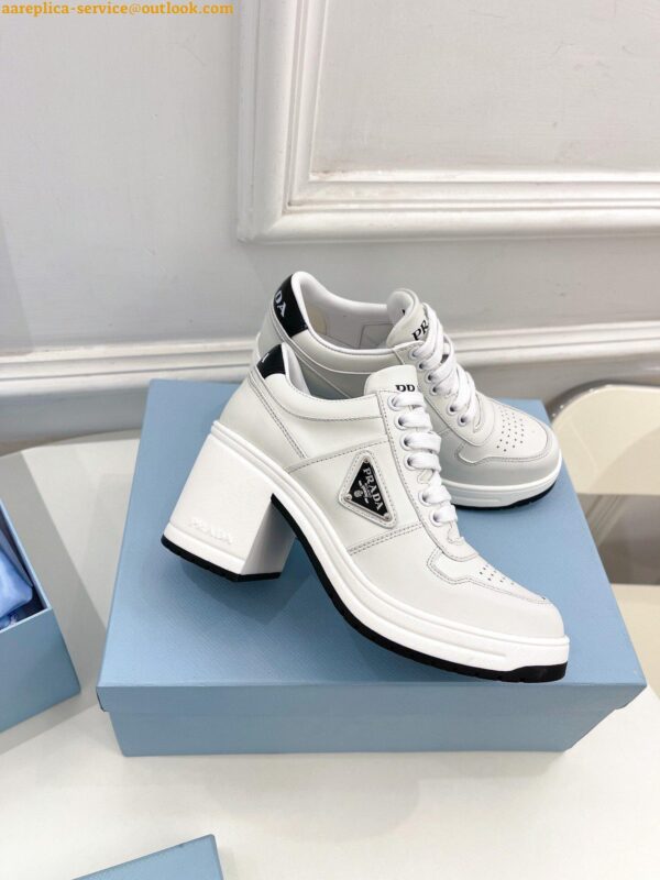 Replica Prada Downtown High-heeled Sneakers In White Leather 7