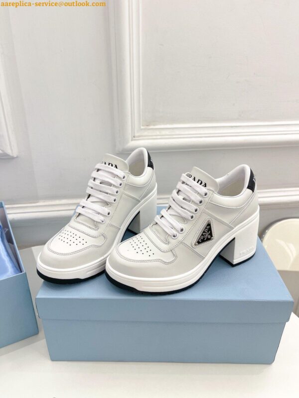 Replica Prada Downtown High-heeled Sneakers In White Leather 9