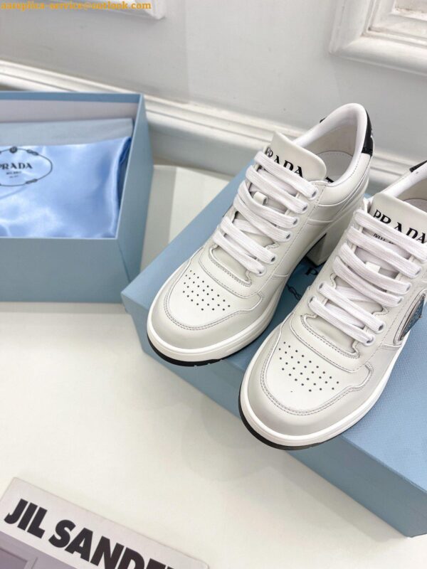 Replica Prada Downtown High-heeled Sneakers In White Leather 10