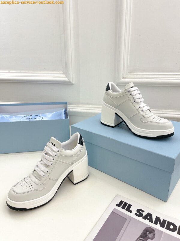 Replica Prada Downtown High-heeled Sneakers In White Leather 11