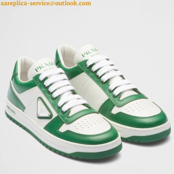 Replica Prada Downtown Sneakers in White and Green Calfskin 3