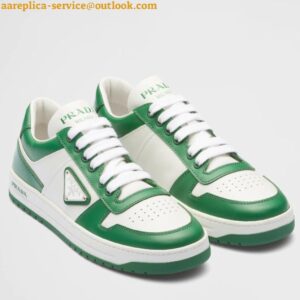 Replica Prada Downtown Sneakers in White and Green Calfskin 2