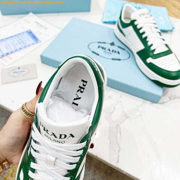 Replica Prada Downtown Sneakers in White and Green Calfskin 5