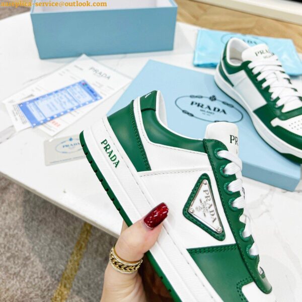 Replica Prada Downtown Sneakers in White and Green Calfskin 6