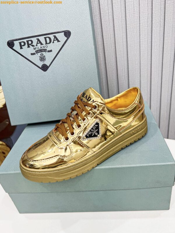 Replica Prada Women's Downtown Sneakers In Gold Metallic Leather 12