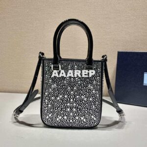 Replica Prada 1BA331 Small satin tote bag with crystals Black 2