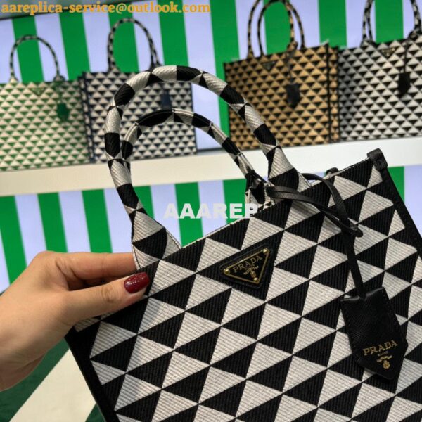 Replica Prada 1BA354 Small Prada Symbole jacquard fabric handbag Black White 4