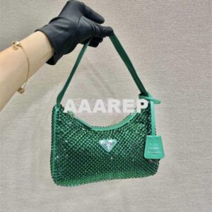 Replica Prada Satin Mini Hobo Bag with Artificial Crystals 1NE515 Gree