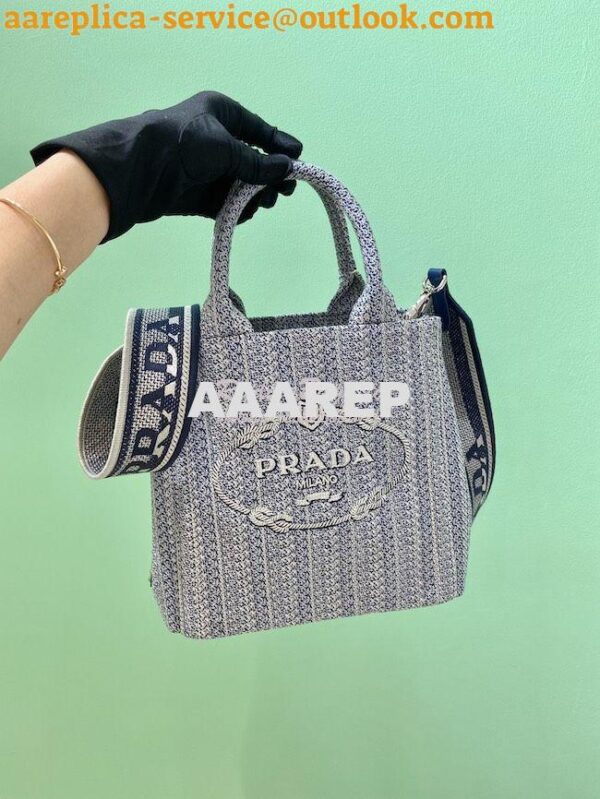 Replica Prada Small Logo Ricamo Jacquard Tote 1BA343 Blue 4