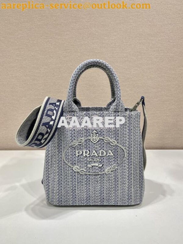 Replica Prada Small Logo Ricamo Jacquard Tote 1BA343 Blue 5