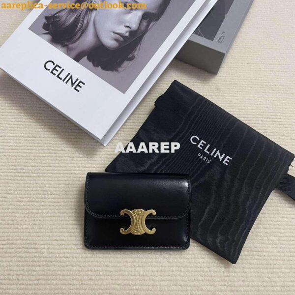 Replica Celine 10I583 Card Holder With Flap Triomphe In Shiny Calfskin Black 4