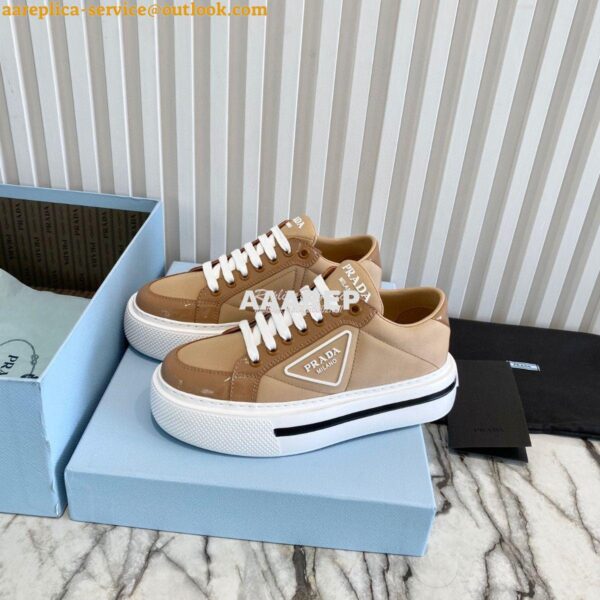 Replica Prada Macro Re-nylon And Brushed Leather Sneakers 1E661M Camel 5