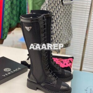 Replica Prada Brushed leather and mesh boots 1W907M Black 2