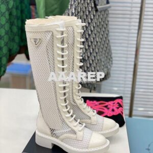 Replica Prada Brushed leather and mesh boots 1W907M White 2